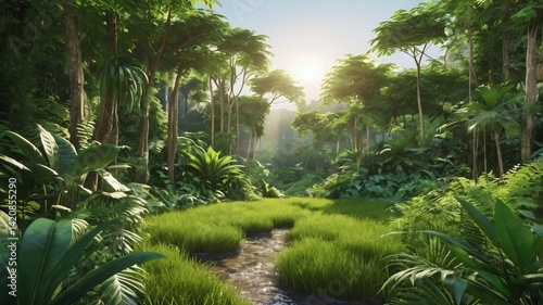 Fototapeta Naklejka Na Ścianę i Meble -  Green jungle landscape in soft sunlight. 3d rendering