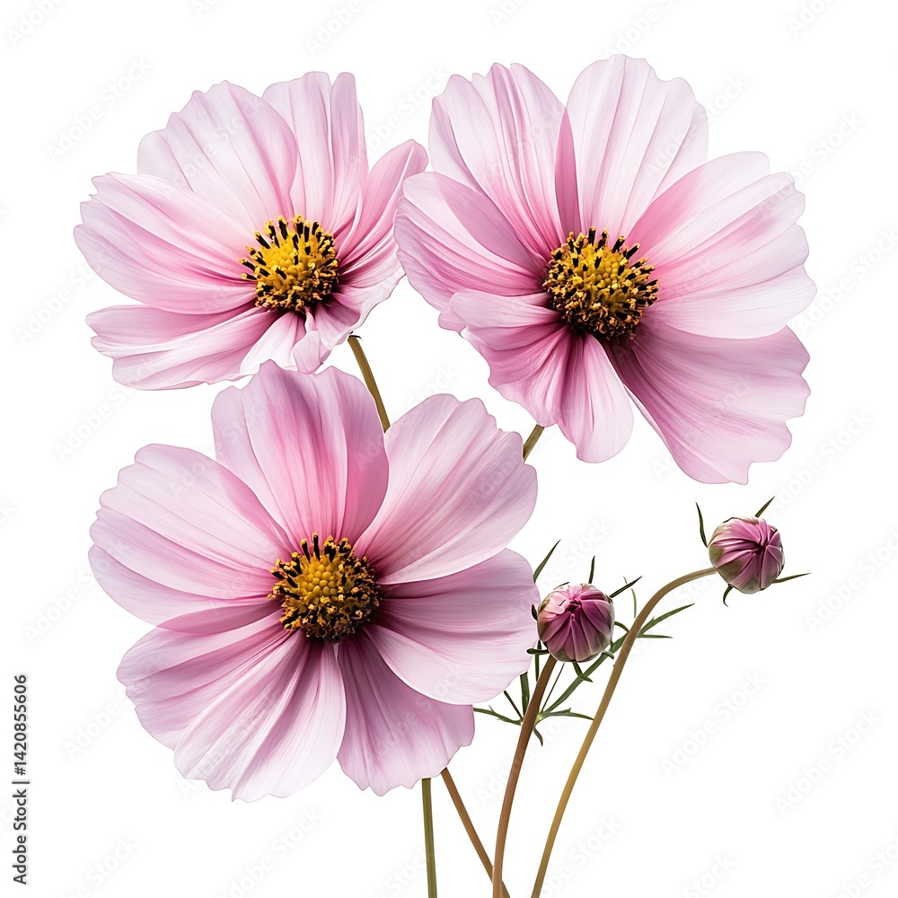 Beautiful pink cosmos flowers isolated on a white background, Beautiful pink cosmos flowers isolated on a white background,