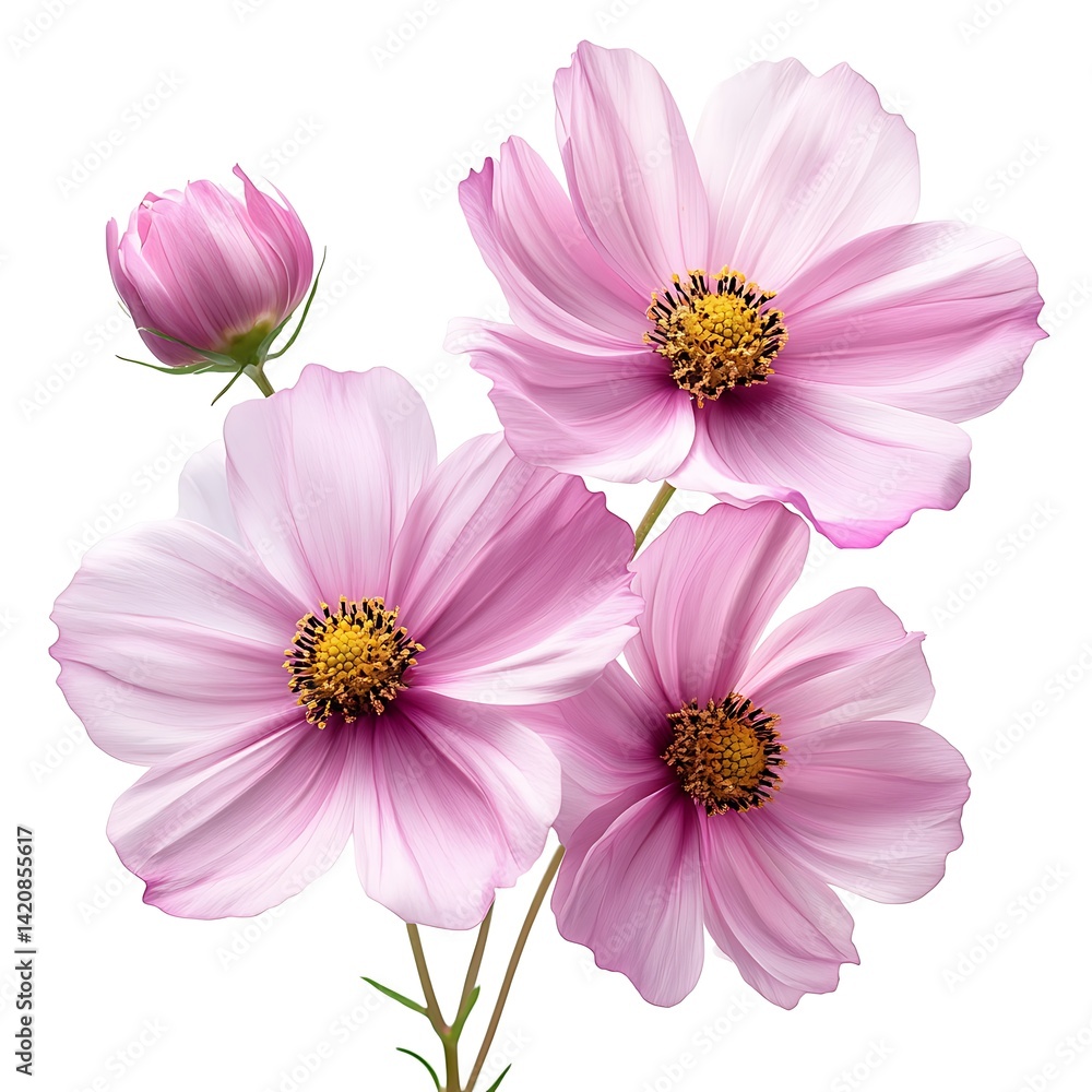 Beautiful pink cosmos flowers isolated on a white background, Beautiful pink cosmos flowers isolated on a white background,