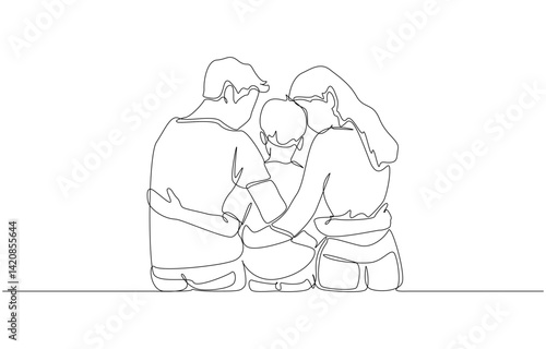 Continuous one line drawing of parents hugging their son while sitting togehter, bond of family love and support concept, single line art