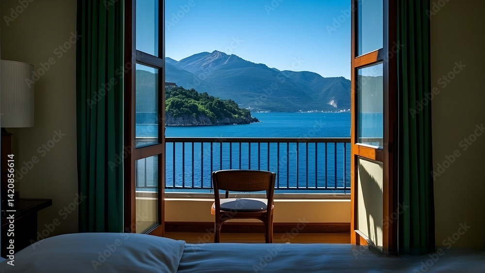 Fototapeta premium Beautiful view sea and sunset through window from hotel bedroom with chair on balcony