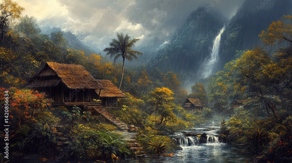 Fototapeta premium Serene Tropical Landscape with Thatched Roof House and Waterfall Scenery