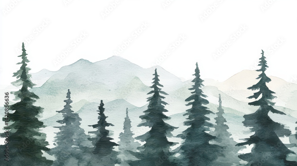 Fototapeta premium Forests watercolor dream Tall pines guard misty mountains in serene muted tones
