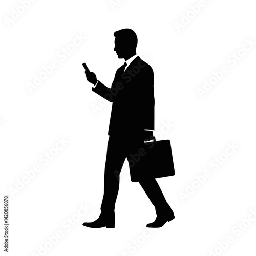 Businessman walking while checking phone against a plain background  