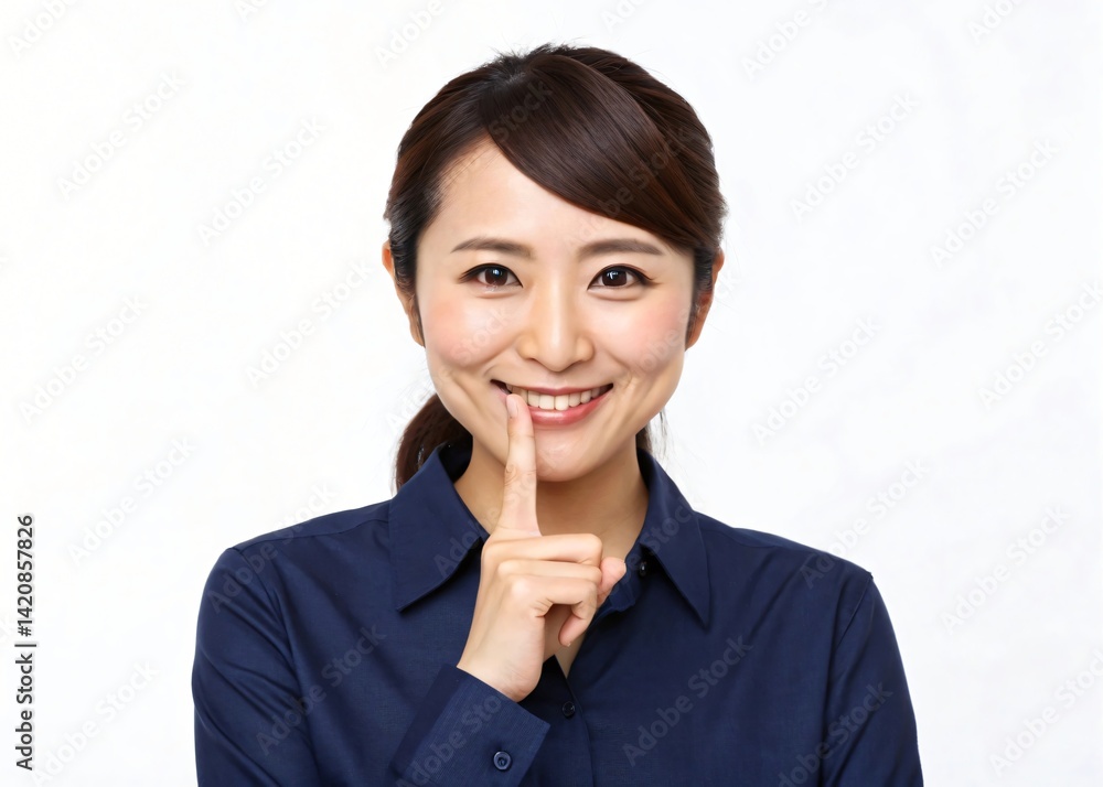 Smiling Asian Woman in Business Attire Gesturing Silence Secret Hush Smiling Asian Woman in Business Attire Gesturing Silence Secret Hush