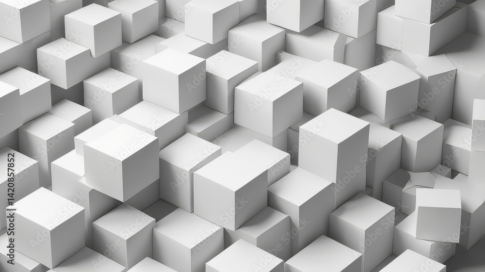 Heap of different scaled white boxes geometrical background wallpaper banner pattern flat lay from above, fading out with copy space Heap of different scaled white boxes geometrical background wallpaper banner pattern flat lay from above, fading out with copy space