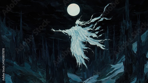 Ghostly specter dances beneath a watchful moon in a jagged dark abyss