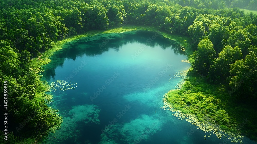 Aerial View of Serene Circular Lake in Lush Forest, Aerial view of a serene circular lake surrounded by lush green forest and grassland Aerial View of Serene Circular Lake in Lush Forest, Aerial view of a serene circular lake surrounded by lush green forest and grassland