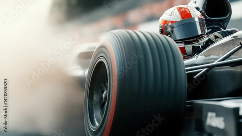 High speed race car action closeup of driver and tire