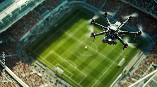 Flying Drone Over Stadium Capturing Aerial View of a Soccer Game