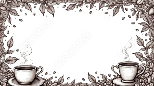 coffee border or frame and leaves and a glass of coffee.