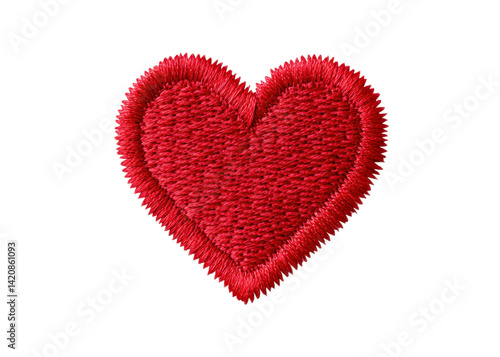 Red heart embroidery on transparent background. Symbol of love, romance, and Valentine's Day.