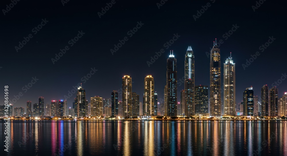 Fototapeta premium City skyline at night with illuminated buildings reflecting in water.