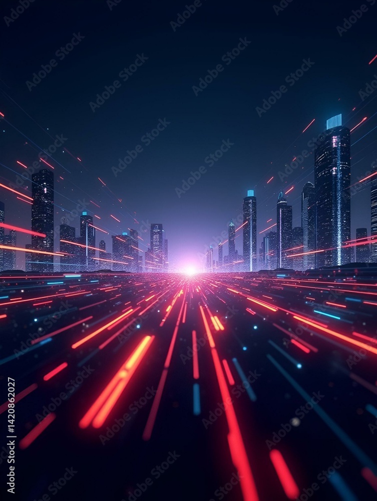 Abstract digital background with glowing light trails and cyberpunk elements, symbolizing fast data transfer speed in the network system of big cities, concept of high-speed internet connection techno