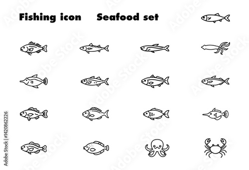 Icon set of fishing equipment. Seafood fish to catch. Simple line drawing.