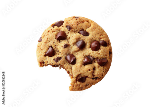 Chocolate chip cookie with a bite taken out, isolated on black. Concept of dessert, snack, and indulgence.