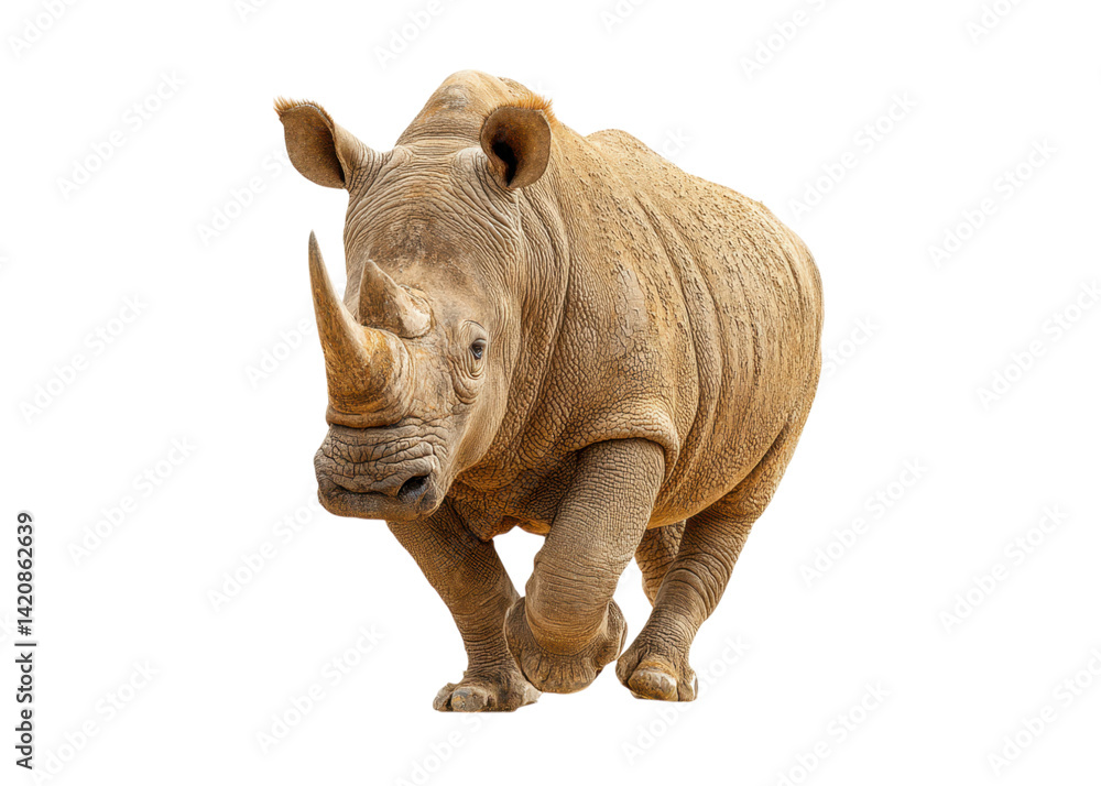 Obraz premium Rhino isolated on transparent background. Majestic white rhinoceros with a powerful build and prominent horn.