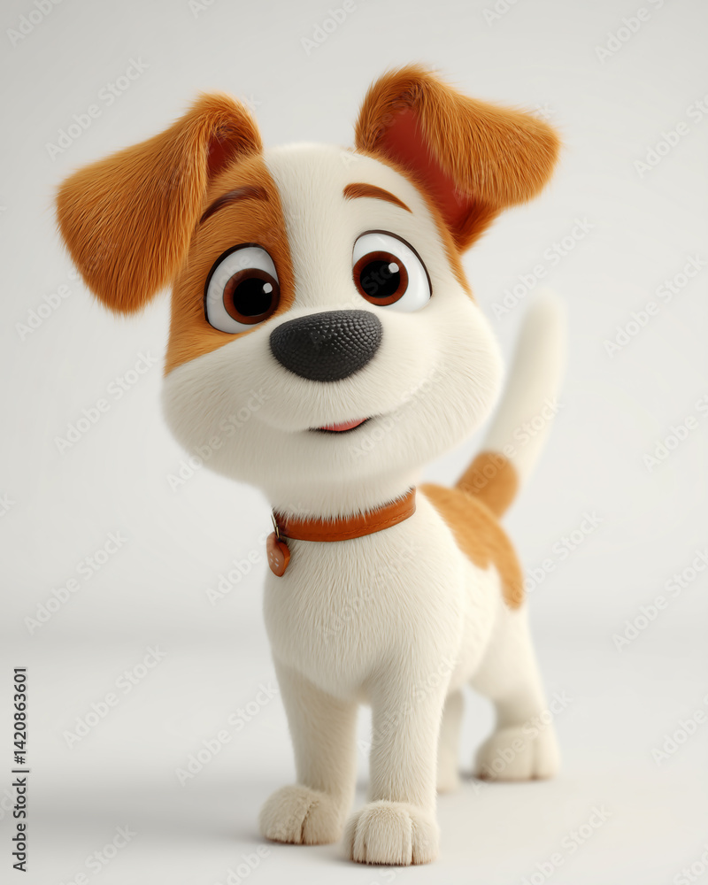 Naklejka premium Adorable Cartoon Puppy with Brown Spots Wearing a Collar, Walking Cheerfully