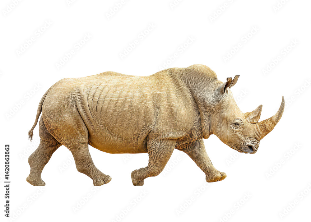 Fototapeta premium White rhinoceros walking on transparent background. Wildlife concept.