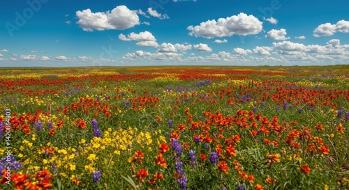 Colorful wildflowers bloom in a field under a partly cloudy blue sky.