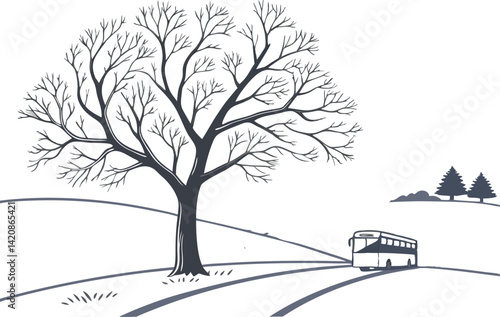 A Beautiful Hill with Flowering Trees and a Bus Vector