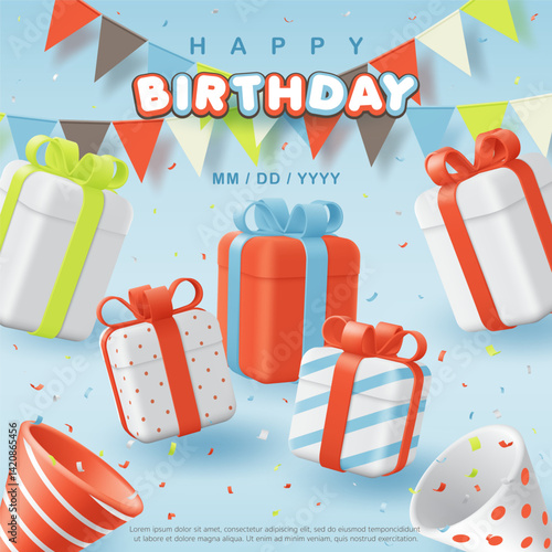 3D Happy birthday gift boxes and fun party hat for baby invitation greeting card party background, kid banner, advertising, poster, social media, wallpaper, Vector illustration