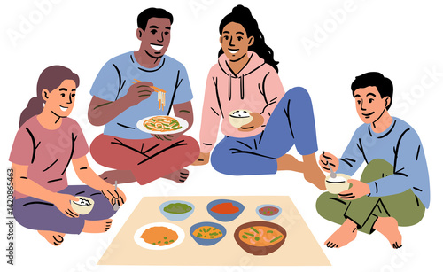 Group of four diverse friends or family members eating together, sitting on the floor around a shared meal.