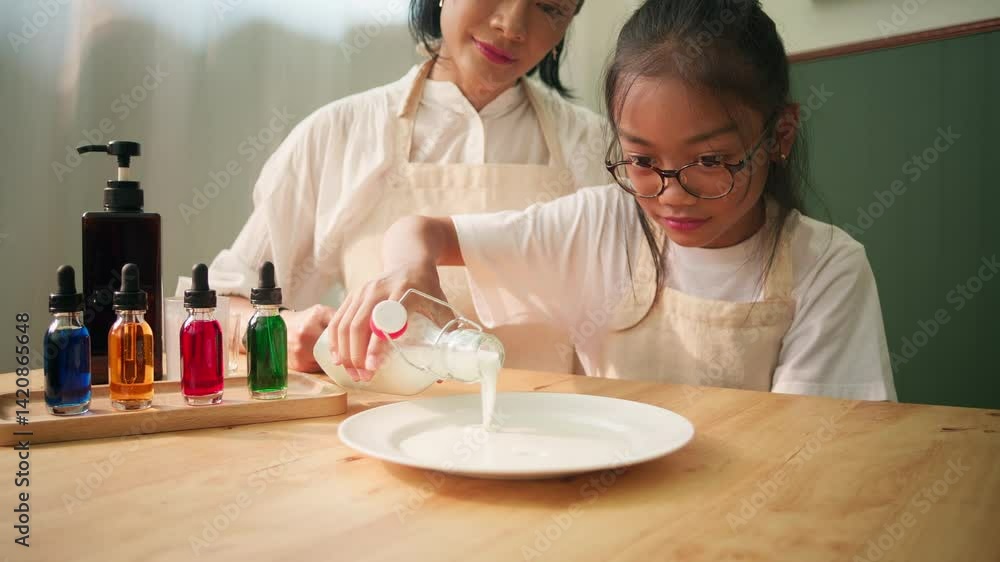 A child pours milk into a plate while a parent supports nearby, preparing for a colorful surface tension science experiment at home — part of a fun homeschool activity.
A child pours milk into a plate while a parent supports nearby, preparing for a colorful surface tension science experiment at home — part of a fun homeschool activity.