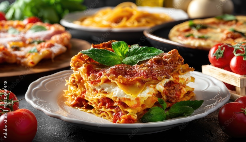 Delicious Lasagna Recipe: Layers of Pasta, Meat, and Cheese, Baked to Perfection with Basil Garnish Delicious Lasagna Recipe: Layers of Pasta, Meat, and Cheese, Baked to Perfection with Basil Garnish