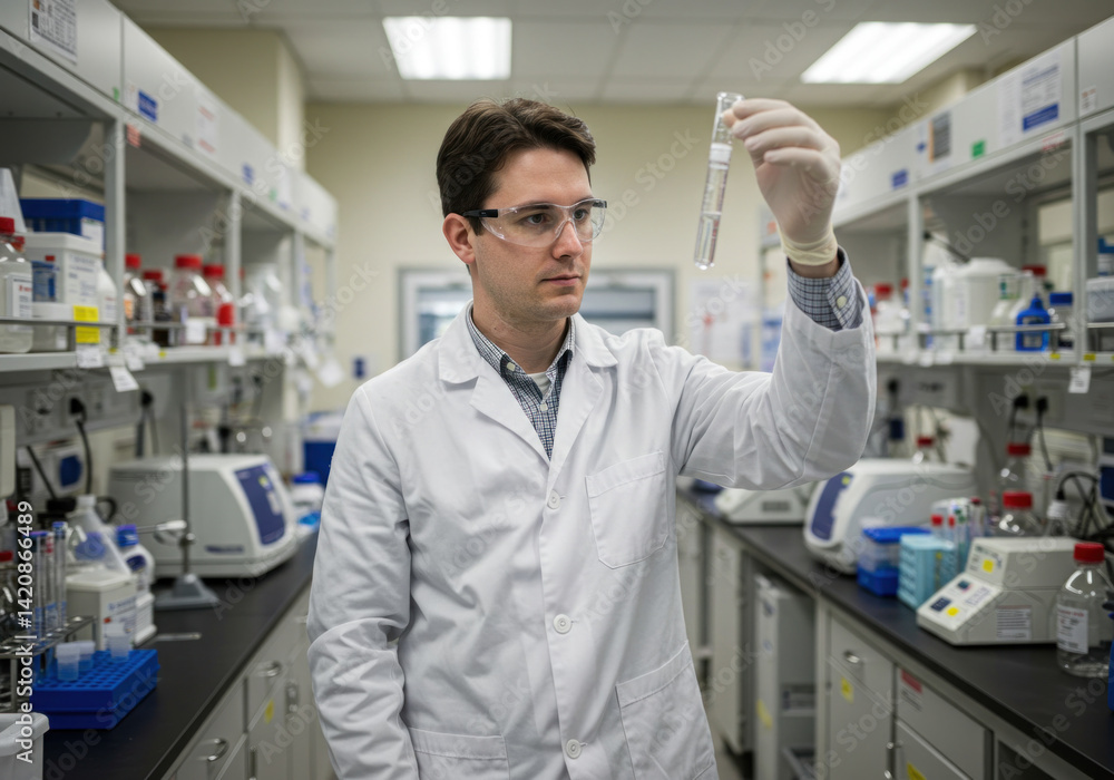 Obraz premium Man in lab holding pipe, focused expression. Various equipment in background, shelves lined with tools and devices. White coat, safety glasses.