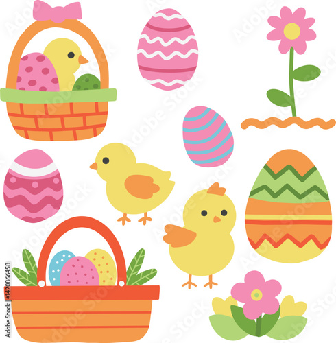 set of happy easter event eggs cute chicken flower basket illustration