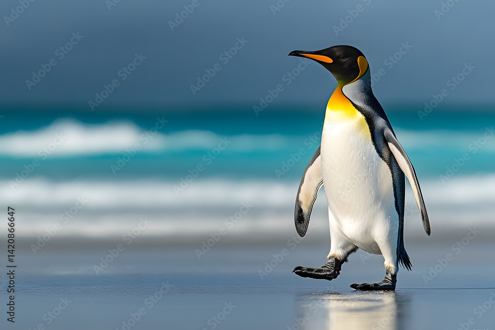 Obraz premium Majestic king penguin strolling along a pristine beach.