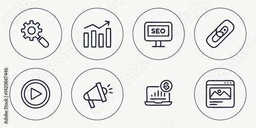 SEO and Digital marketing thin line icon set. Search engine optimization icons. Editable stroke. Vector