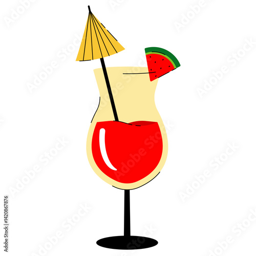 Summer tropical cocktail. Alcoholic or nonalcoholic drink in glass with watermelon. Vector illustration on white background for pub, bar, cafe, restaurant
