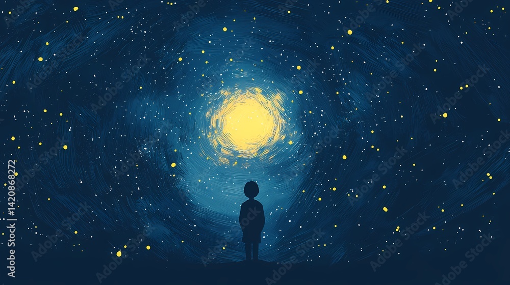 Obraz premium Child Gazing at Celestial Wonder, Silhouette of a child facing a bright celestial event.
