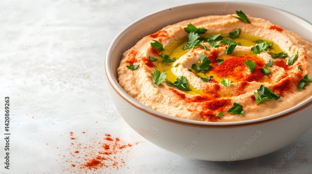 Delicious Creamy Hummus Bowl with Olive Oil and Paprika Delicious Creamy Hummus Bowl with Olive Oil and Paprika