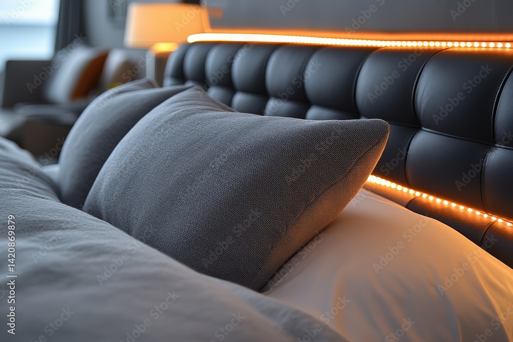Obraz premium Modern black leather bed with gray fabric headboard, white LED strip lights, and soft gray pillows, featuring a sleek design and elegant curved edges.