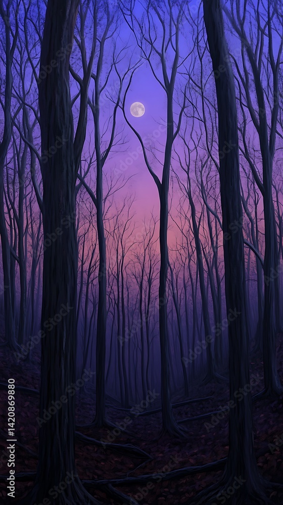 Obraz premium Moonlit, dusky forest at twilight