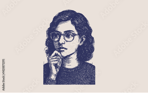 Vintage-style hand-drawn portrait of a thoughtful woman wearing glasses, depicted in a classic engraving technique with fine detail and texture. Ideal for editorial, educational, and artistic uses.

