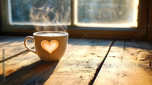 A steaming cup of coffee with heart-shaped foam placed on a wooden table