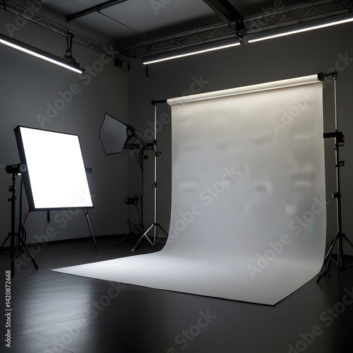 Spacious Photography Studio with White Cyc Wall and Various Lighting Equipment

