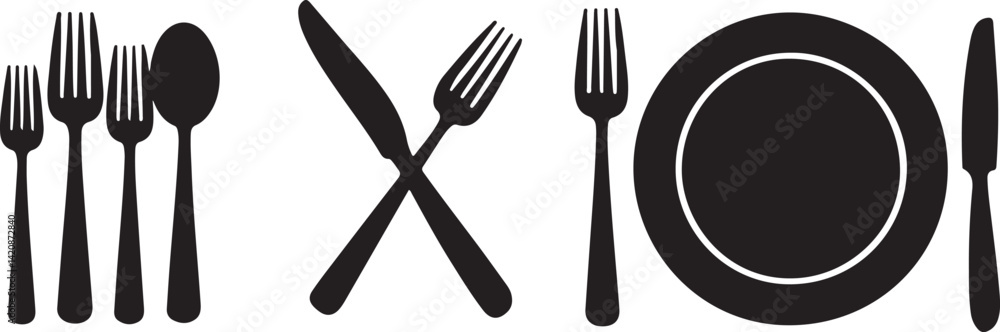 Fork, knife, spoon and plate set icons. Tableware set flat style. Dinnerservice collection. Plate, fork and knife for apps and websites Fork, knife, spoon and plate set icons. Tableware set flat style. Dinnerservice collection. Plate, fork and knife for apps and websites