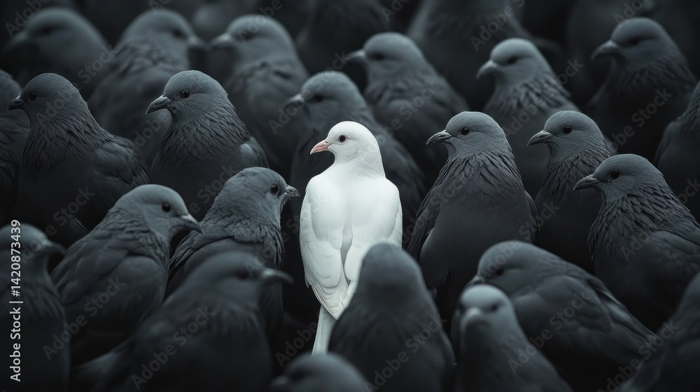 Obraz premium A single white dove stands out amongst a flock of dark grey pigeons.