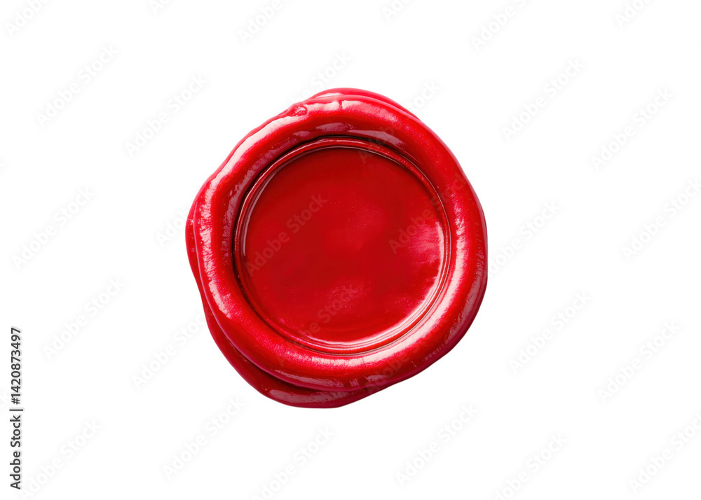 Red wax seal on transparent background. Symbol of authenticity, quality, and confidentiality.