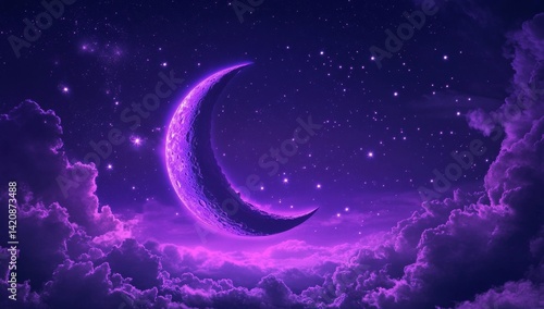 Crescent moon, night sky, purple clouds