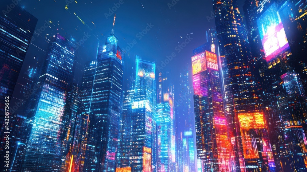 Obraz premium Dynamic illuminated metropolis reflecting innovation and modern urban complexity