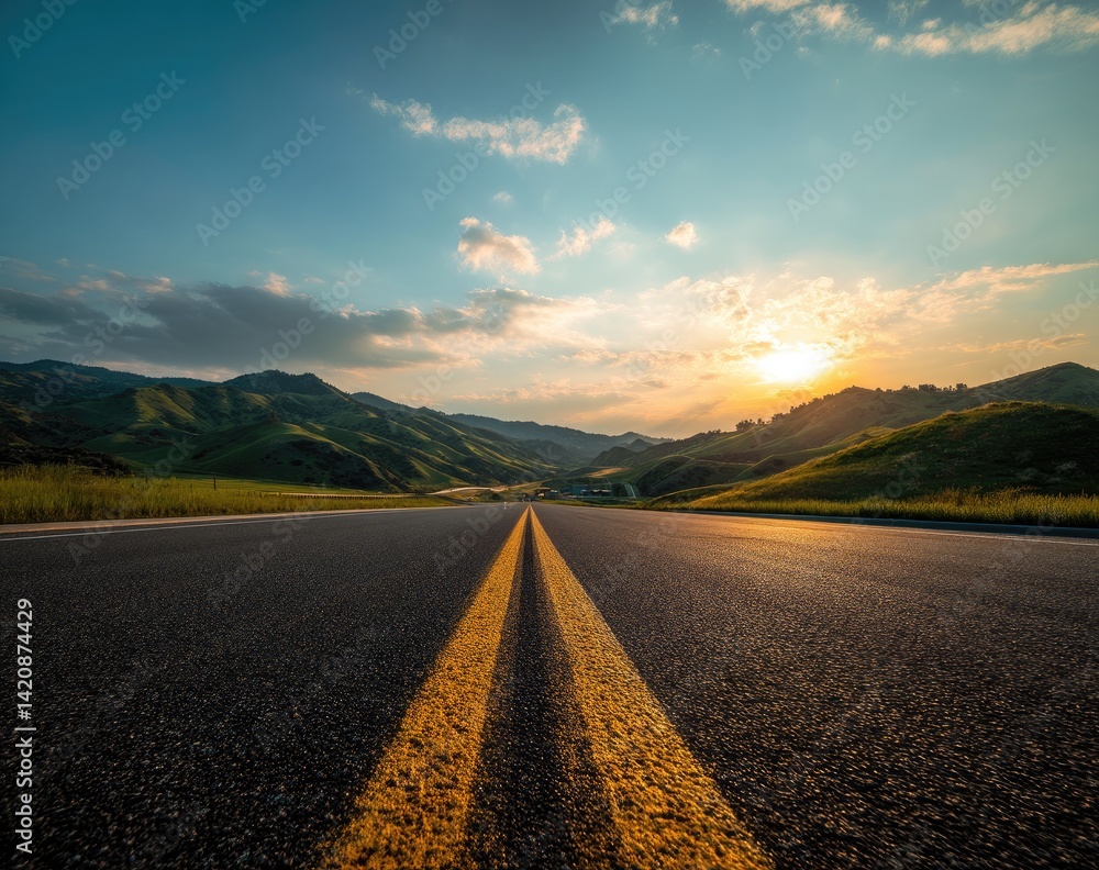 Asphalt Road Leads Through Rolling Green Hills at Sunset, Scenic Drive with Yellow Lines, Tranquil Journey Asphalt Road Leads Through Rolling Green Hills at Sunset, Scenic Drive with Yellow Lines, Tranquil Journey