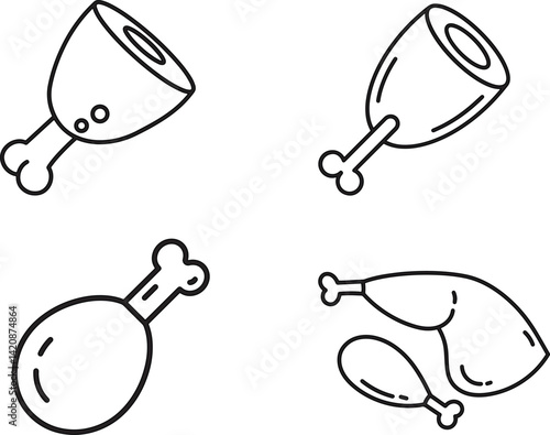Set of Black Line Drawings of Ham and Drumstick Illustrations with Visible Bones for Culinary Themes