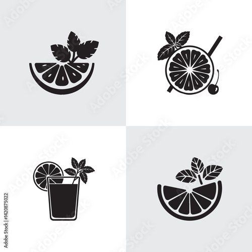 Lemon or orange slice and Herb Beverage Icons in Black and White Illustrations

