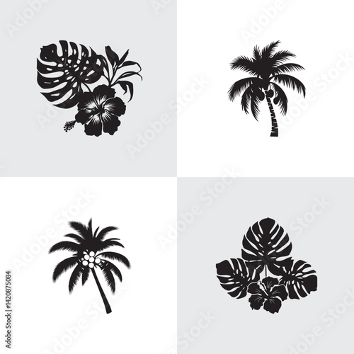 Set of Tropical Palm Trees and Hibiscus Illustrations in Black Silhouette Style

